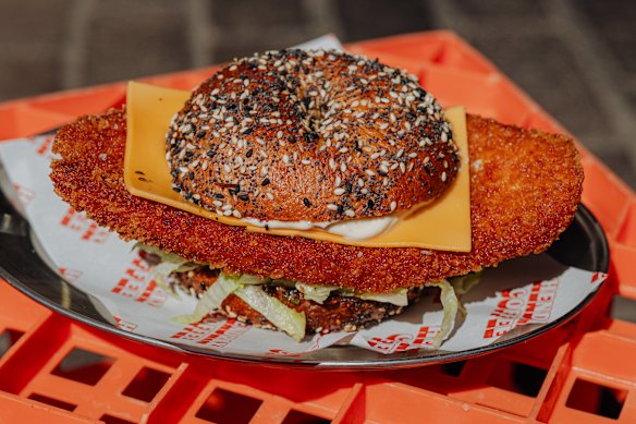 The formidable chicken schnitzel bagel.