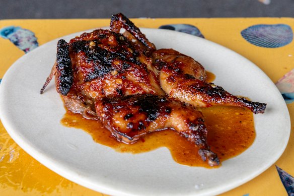 Quail lacquered with fermented pineapple and smoked chilli.