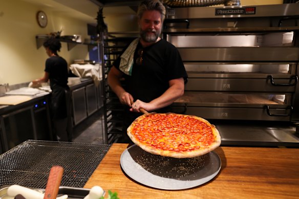 Pies are cooked in Mary’s PizzaMaster oven.    