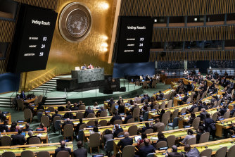 一項完整的決議投票結果，確認俄羅斯聯邦暫停加入聯合國人權理事會。