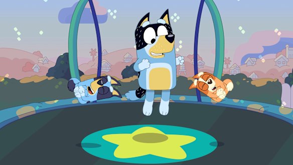 Bandit plays on the trampoline with Bluey and Bingo.