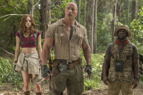 Hollywood’s highest-earning actor for the second consecutive year: Dwayne Johnson with Karen Gillan and Kevin Hart in Jumanji: Welcome To The Jungle. 
