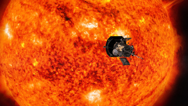 An illustration from NASA shows the Parker Solar Probe spacecraft approaching the sun.