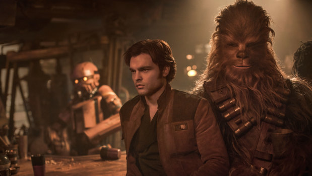 Alden Ehrenreich as Han Solo and Joonas Suotamo as Chewbacca.