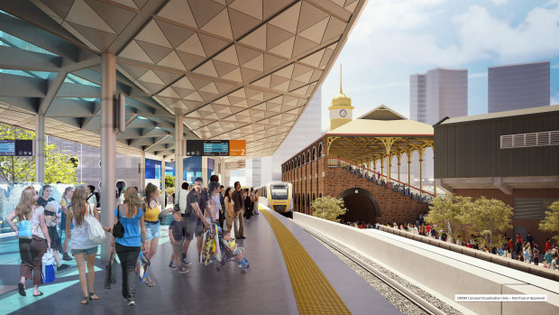 Concept images of the new Exhibition station at Bowen Hills as part of the Cross River Rail project.