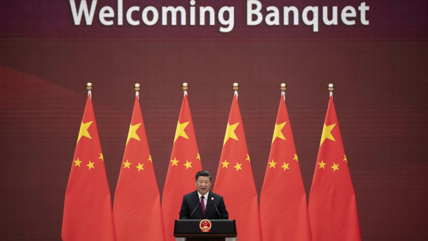 Chinese President Xi Jinping makes his speech at the Belt and Road Forum at the Great Hall of the People in Beijing in April.
