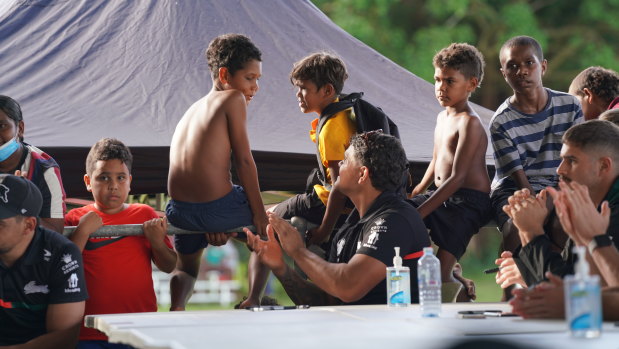 Latrell Mitchell was greeted like a rock star by schoolchildren during the Rabbitohs’ visit to Cairns.