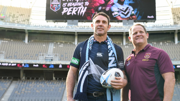 Big occasion: State coaches Brad Fittler and Kevin Walters inspect Optus Stadium, venue for the first-ever Origin game in Perth.