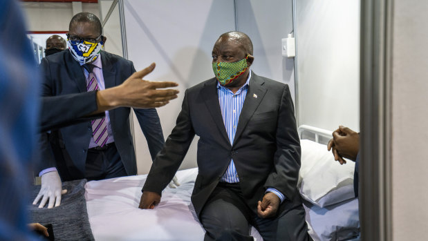 South African President Cyril Ramaphosa visits a COVID-19 treatment centre in Johannesburg.