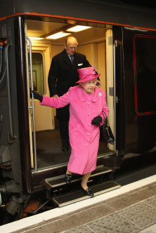 Queen Elizabeth II and Prince Philip, Duke of Edinburgh arrive on the Royal Train at Birmingham New Street Station to officially open the refurbished station, 2015.