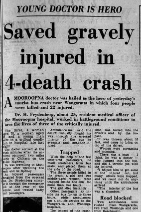 The Age's report of June 21, 1966 on the Hume Highway crash and Harry Frydenberg's heroism.