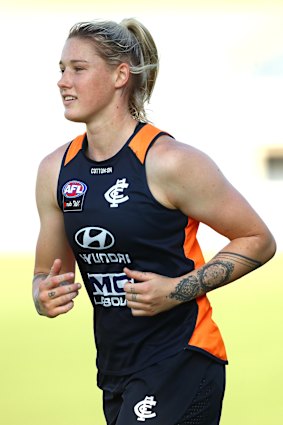 Carlton star Tayla Harris training earlier this year.