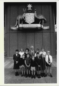 Reg St Leon outside the Supreme Court with pupils, May 7, 1986.