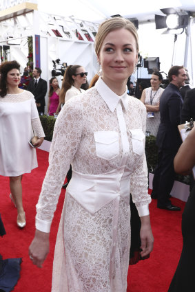 Yvonne Strahovski, nominated for an Emmy this year, pictured arriving at the Screen Actors Guild Awards.