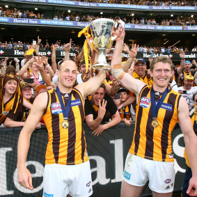 Ben McEvoy (right) and David Hale celebrate the 2015 premiership.