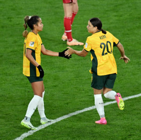 Fowler and Sam Kerr together in the win against Denmark.