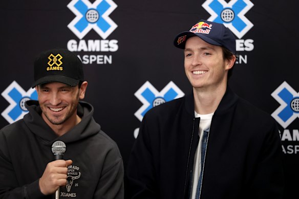 X Games chief executive Jeremy Bloom and Scotty James in Aspen last month.