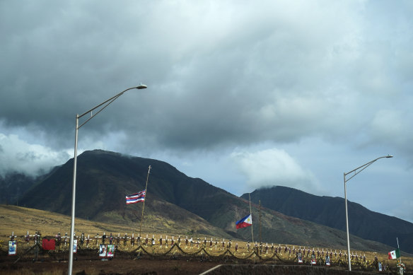 A memorial for victims of the August fires along the Lahaina Bypass Road in Lahaina, Hawaii.