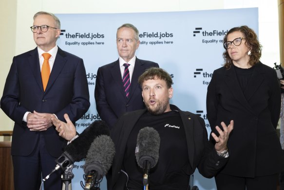 The Australian of the Year with Prime Minister Anthony Albanese, Minister for the National Disability Insurance Scheme and Minister for Government Services Bill Shorten and Minister for Social Services Amanda Rishworth at Parliament House in November.