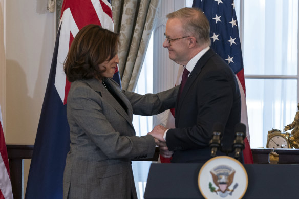 Anthony Albanese shakes hands with Kamala Harris at the state luncheon in Washington in October 2023.