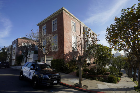 A San Francisco Police Department vehicle parks outside the home of Paul Pelosi, the husband of House Speaker Nancy Pelosi, in San Francisco, after the attack.