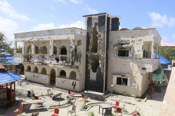 A view of Asasey Hotel after an attack in Kismayo, Somalia.