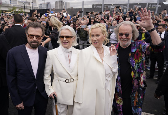 ABBA members Bjorn Ulvaeus (left), Anni-Frid Lyngstad, Agnetha Faltskog and Benny Andersson at the ABBA Voyage concert in 2022.