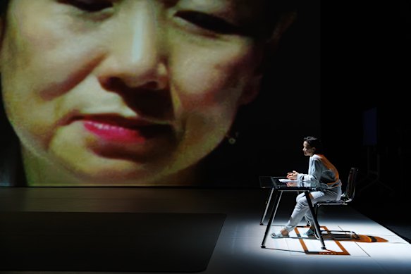 Romanie Harper’s video design for the play evokes the claustrophobia of Lei constantly being monitored.