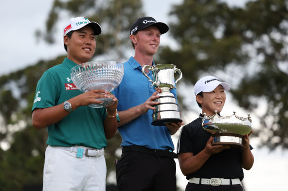 The three Australian Open titles on offer at Kingston Heath were won on Sunday by South Korea’s Simon Seungmin Lee (all abilities champion), America’s Ryggs Johnston (men’s title) and Jiyai Shin, of South Korea (women’s champion).