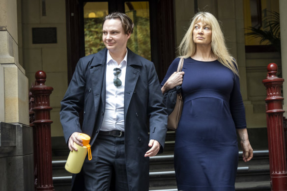 Lynn’s son, Geordie Lynn, and second wife Melanie Lynn outside court during the trial. Geordie is the son of Lisa Lynn.