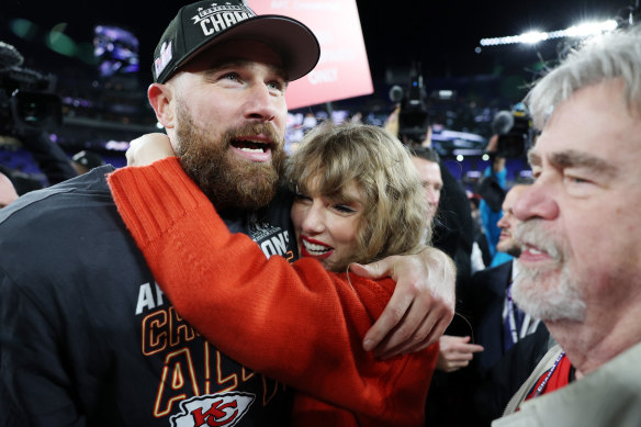 Travis Kelce and Taylor Swift celebrate the Chiefs’ Super Bowl win at Allegiant Stadium in Las Vegas.