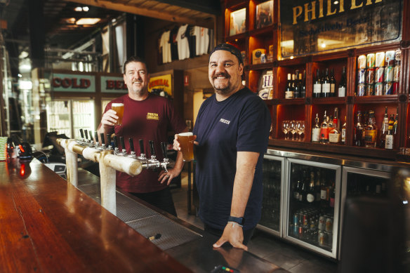 Co-owners of Philter Brewing Mick Neil and Stef Constantoulas at their Marrickville brewery.