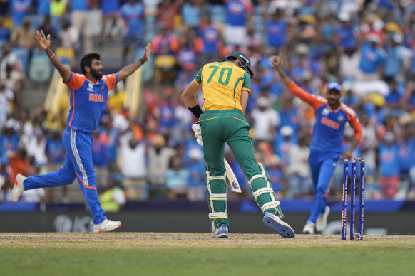 Jasprit Bumrah bowls Marco Jansen.