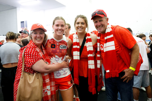 Bella Smith celebrates with family after the Swans’ win over Gold Coast.