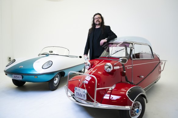 Curator Damian McDonald with a 1950’s Messerschmitt KR 200 and a 1950’s Goggomobil Dart.