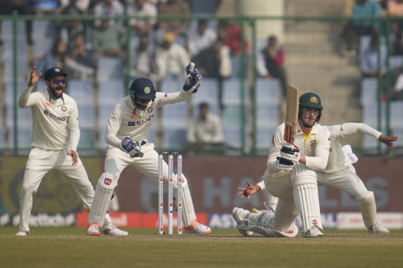 Matthew Renshaw is dismissed lbw in Delhi.