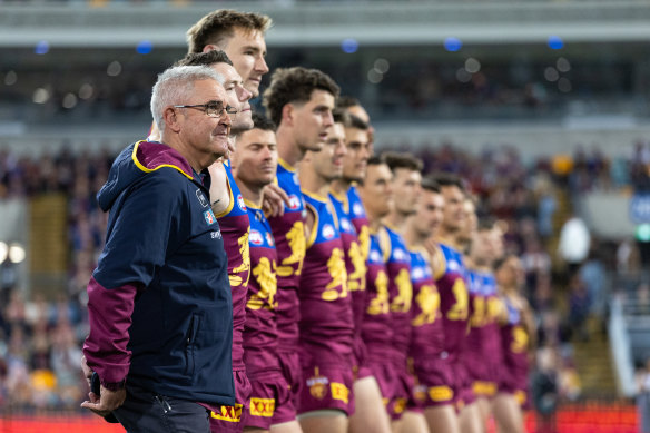 Brisbane Lions coach Chris Fagan and his players before the preliminary final against Carlton.