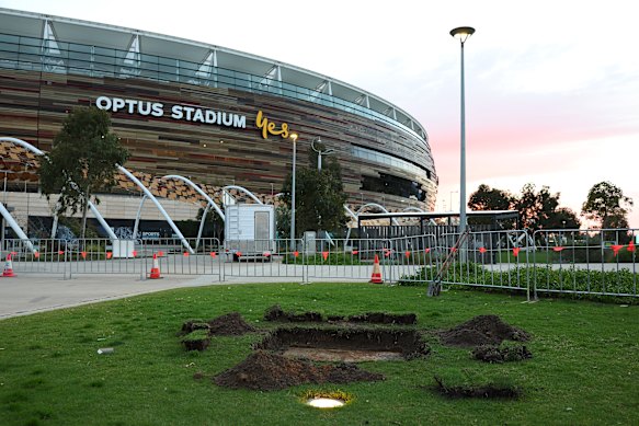 All that remains at Optus Stadium is a hole in the ground where the statue once was.