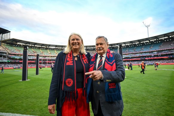 Demons president Kate Roffey with club legend Ron Barassi at the MCG on Wednesday.