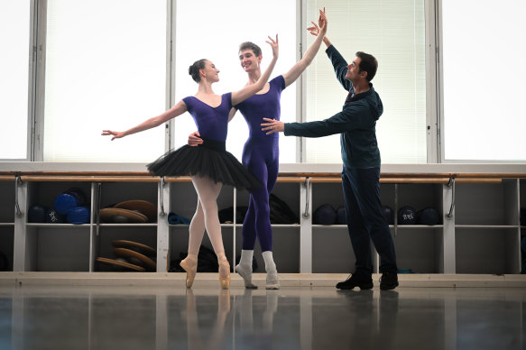 Australian Ballet School’s captains, Zoe Horn and Matthew Paten with teacher and ballet master Andrew Murphy.