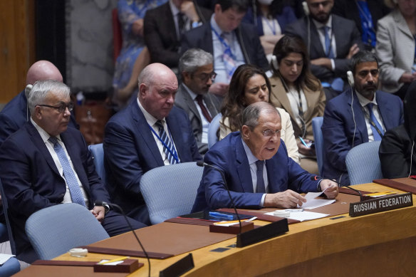 Russian Foreign Minister Sergey Lavrov speaks at a high-level meeting of the Security Council about the situation in Ukraine.