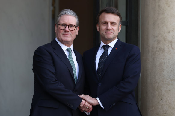 UK Prime Minister Keir Starmer and French President Emmanuel Macron at the Elysee Palace in Paris.
