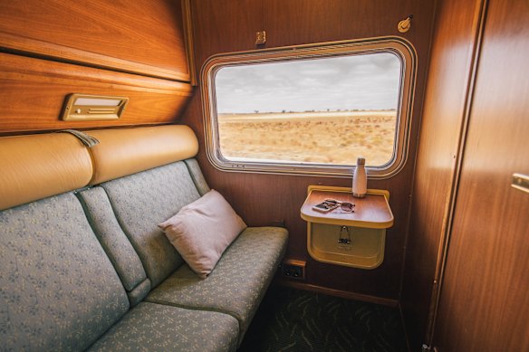 Gold twin cabin on the Ghan made up for the day.