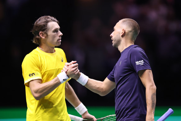 Alex de Minaur congratulates Daniel Evans after their Davis Cup rubber in Manchester.