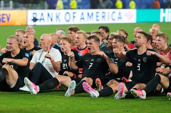Haaland, Soerloth, Ajer and teammates celebrate after defeating Senegal.
