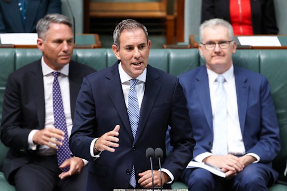 Treasurer Jim Chalmers with Richard Marles and Tony Burke at Parliament House on Tuesday.