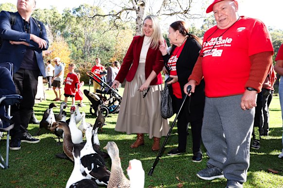 The PM’s fiancee Jodie  Haydon stands back as some feathered visitors  make their way through Punchbowl Reserve.