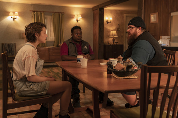 Emma D'Arcy as Astrid, Samson Kayo as Elton, Nick Frost as Gus Roberts in Truth Seekers.