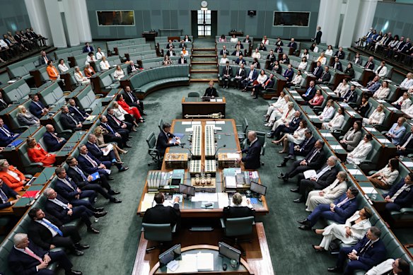 Prime Minister Anthony Albanese addresses a lower house in which many MPs wore orange in tribute to Helen Haines.