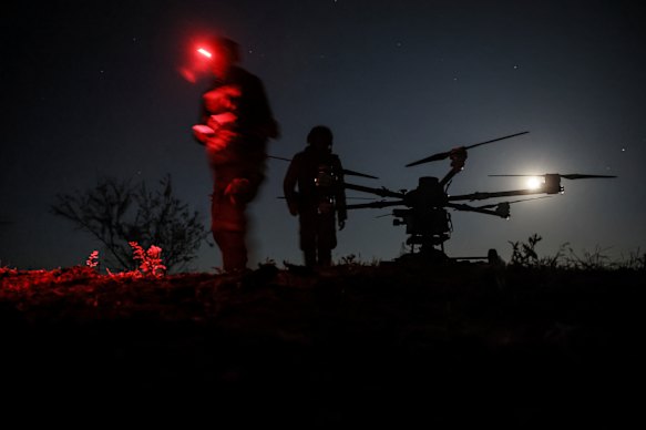 Ukrainian troops prepare to launch a Kazhan heavy drone in Donetsk, eastern Ukraine.